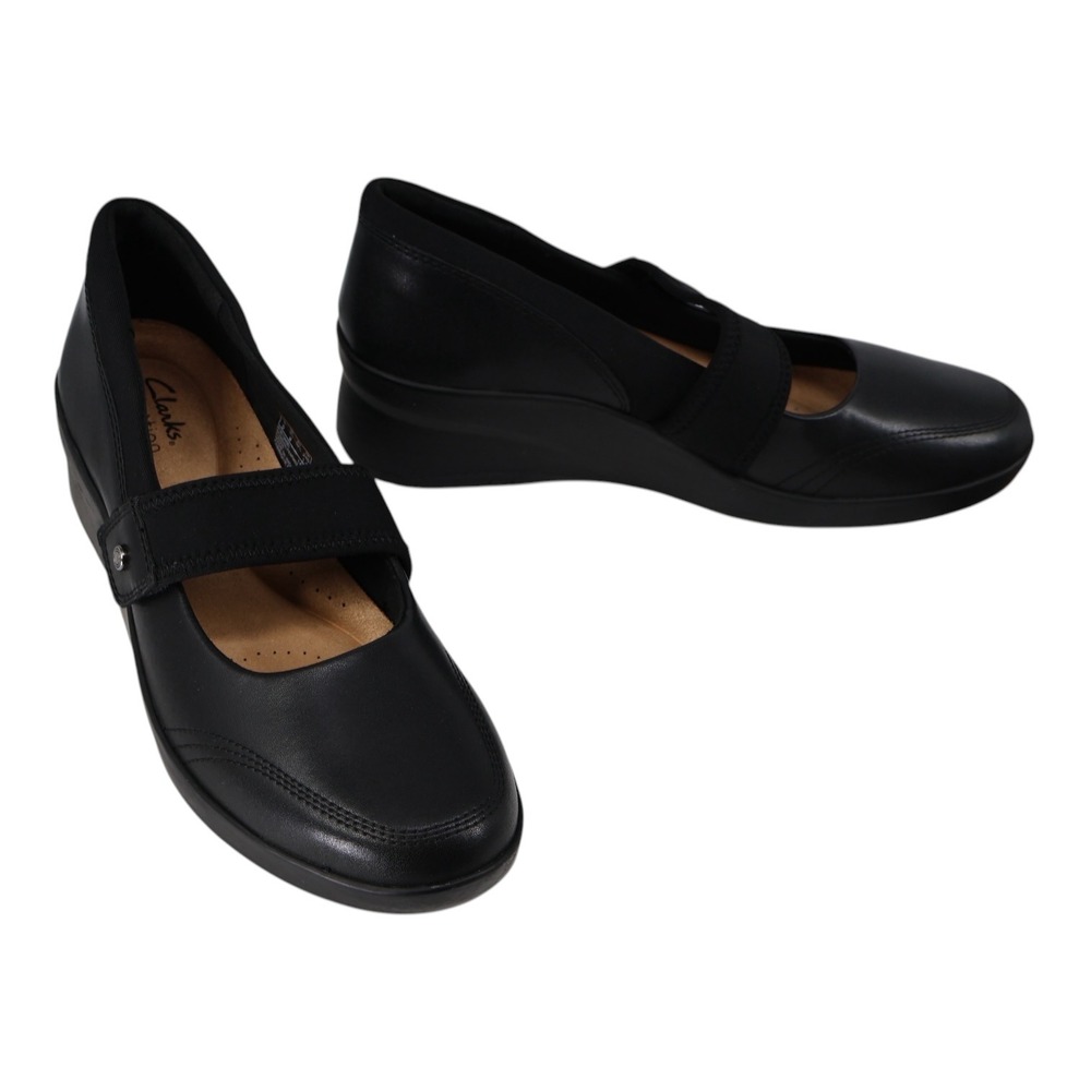 Clarks Collection Suttyn May Black Leather Mary Jane Velcro Wedge Shoes 8.5M NIB